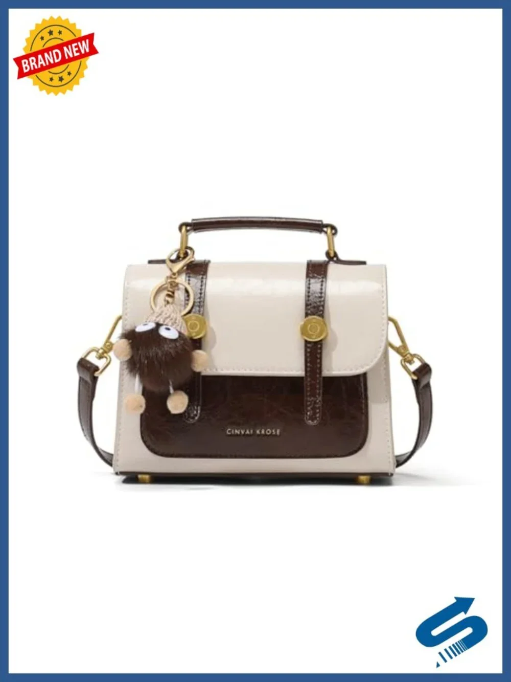 Small Leather Crossbody Bag Two-Tone Satchel with Plush Charm